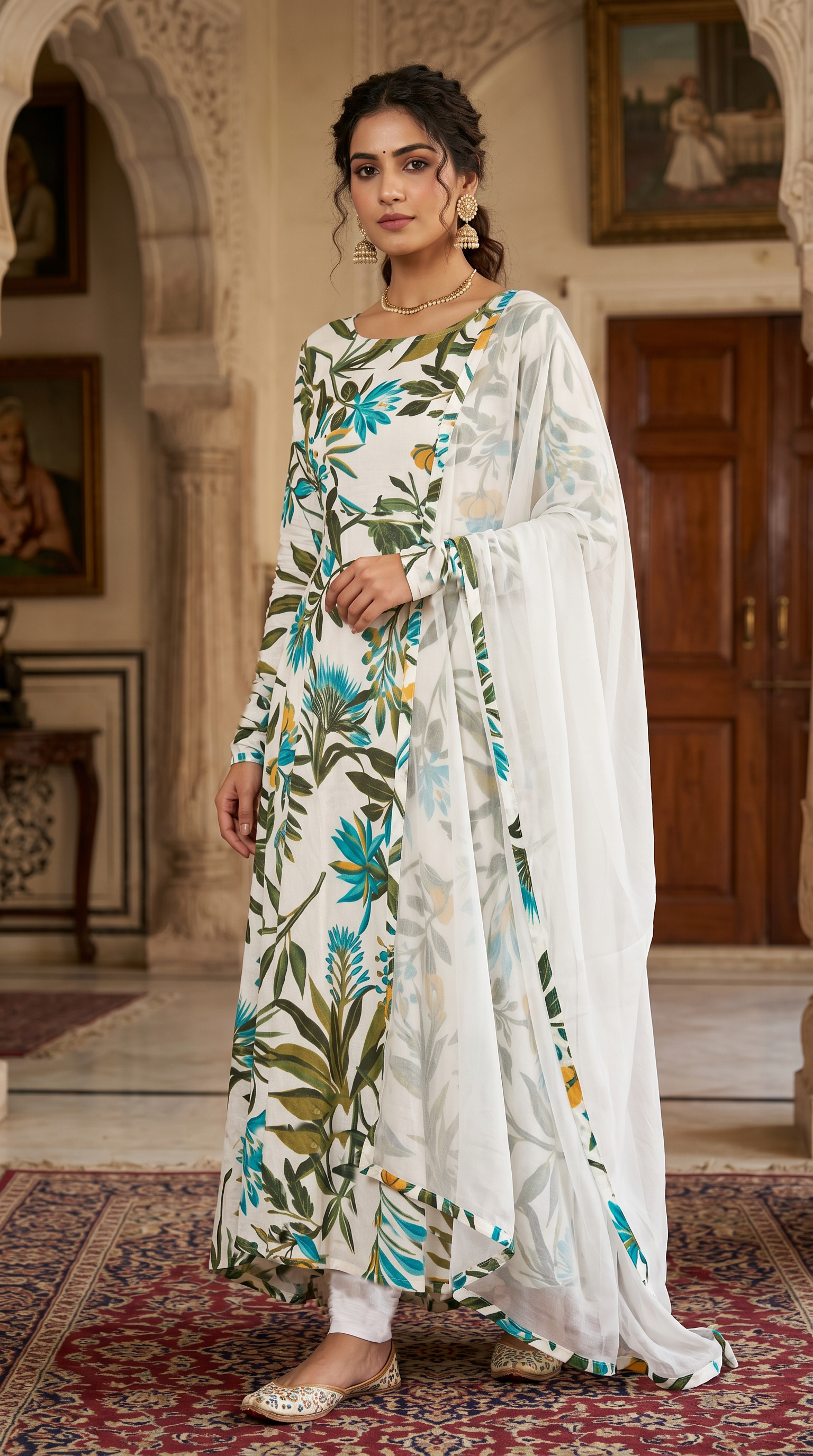 Ivory Rayon Bias Cut Suit Set with Green Dupatta