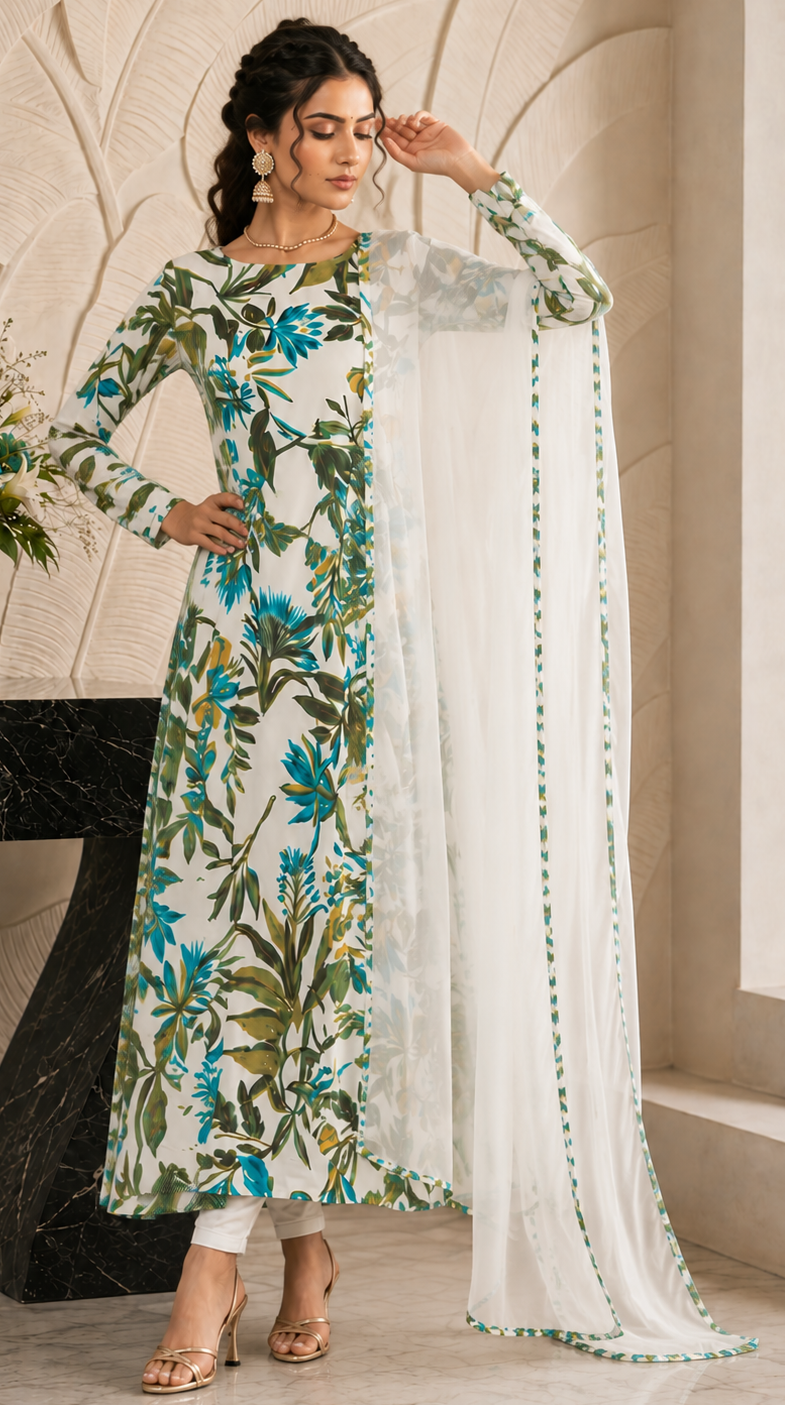 White floral printed Anarkali suit with chiffon dupatta for women