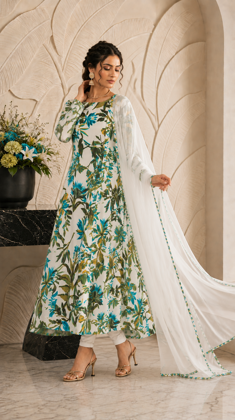 White floral printed Anarkali suit with chiffon dupatta for women