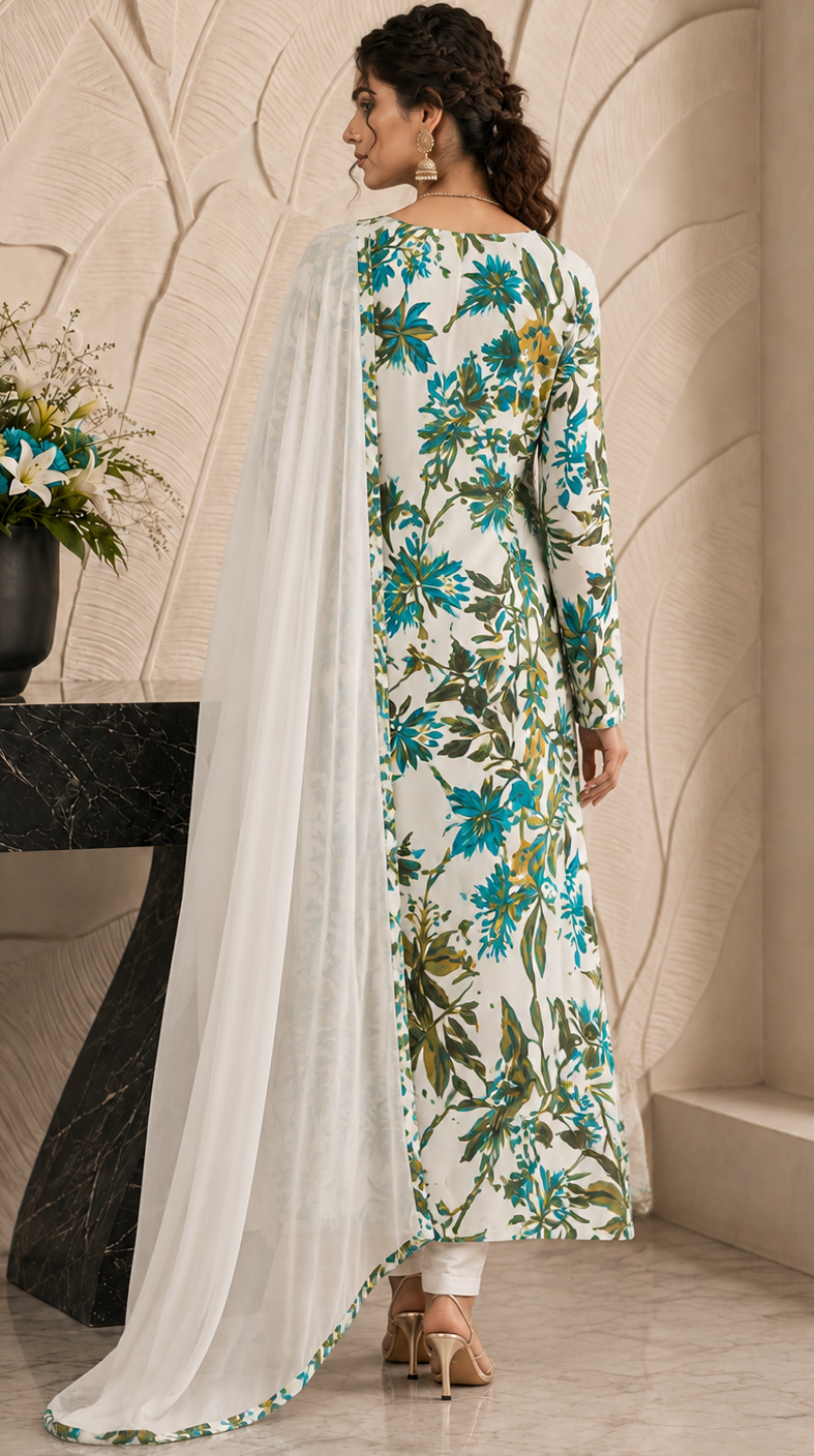 White floral printed Anarkali suit with chiffon dupatta for women