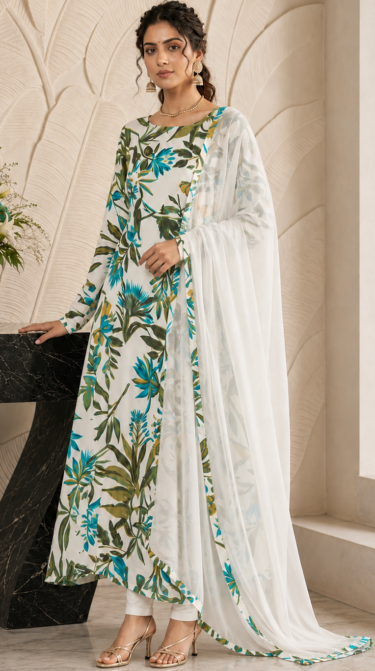 White floral printed Anarkali suit with chiffon dupatta for women