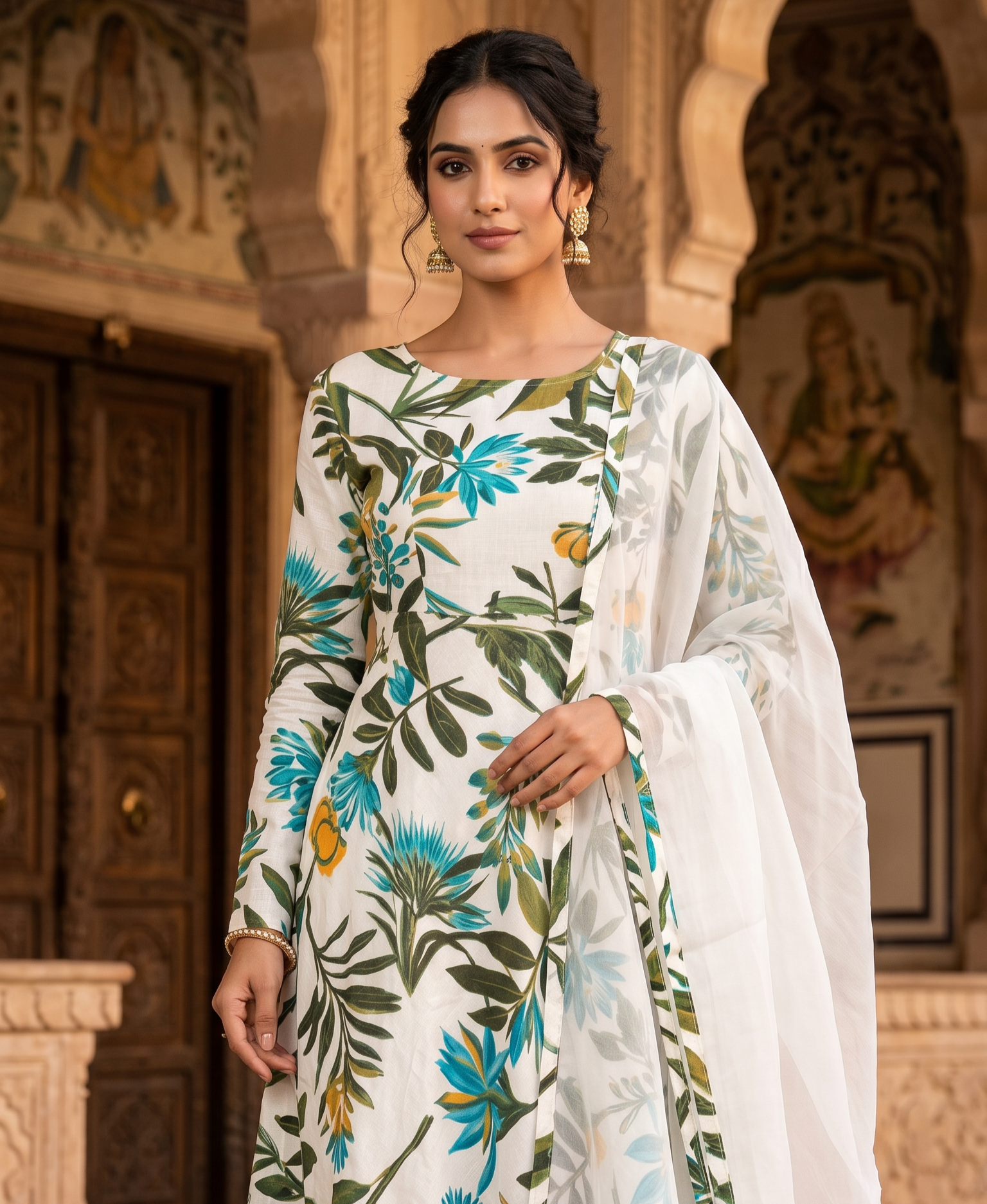 Ivory Rayon Bias Cut Suit Set with Green Dupatta
