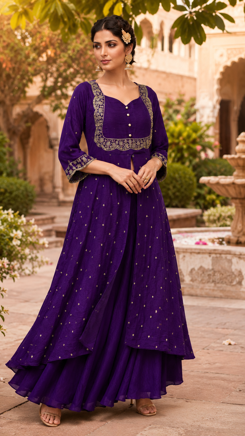 Buy heavy purple embroidered anarkali suit with palazzo pants online at Diya Online