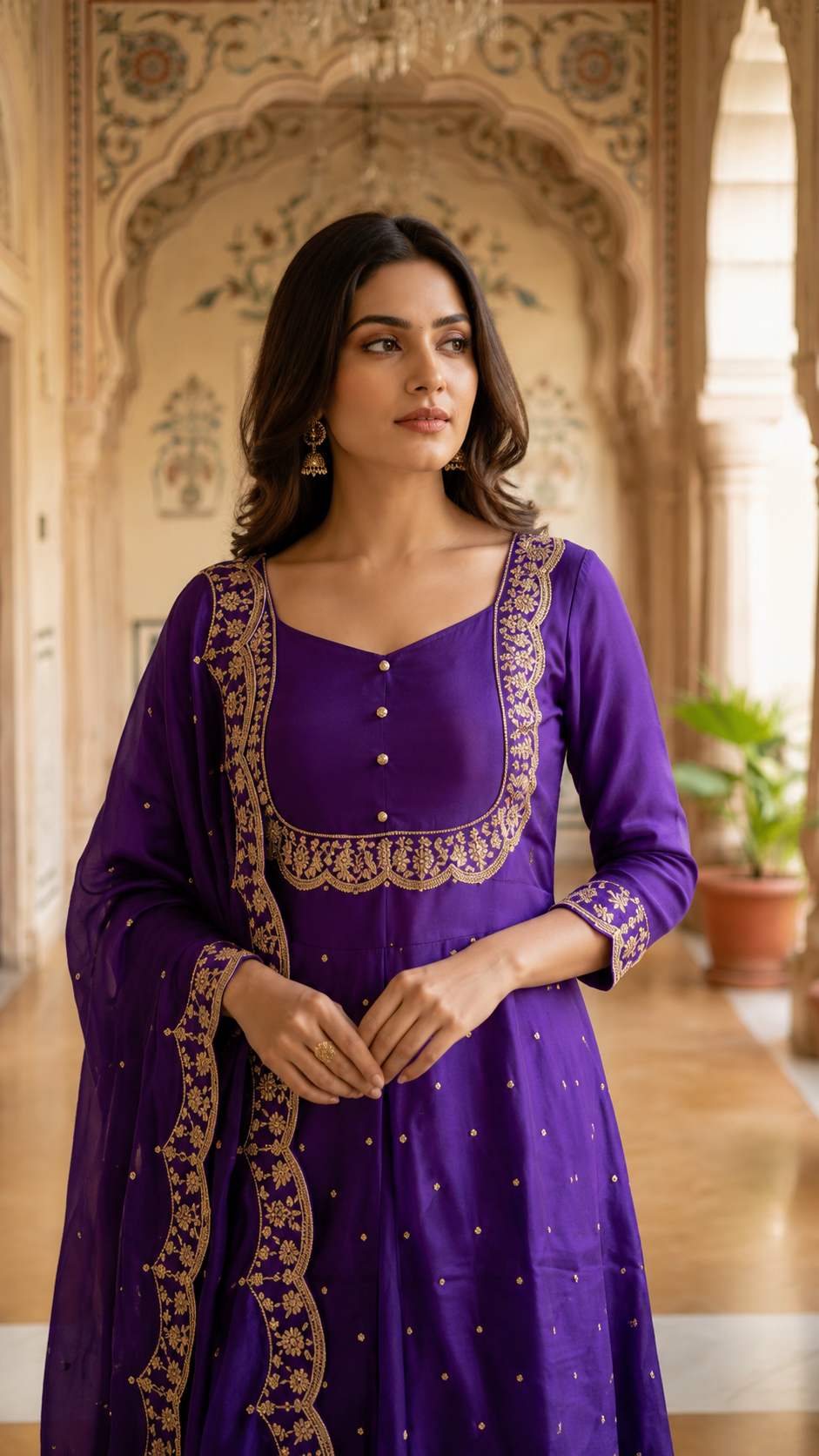 Purple Vichitra Silk Bias Cut Skirt Set with Scalloped Dupatta