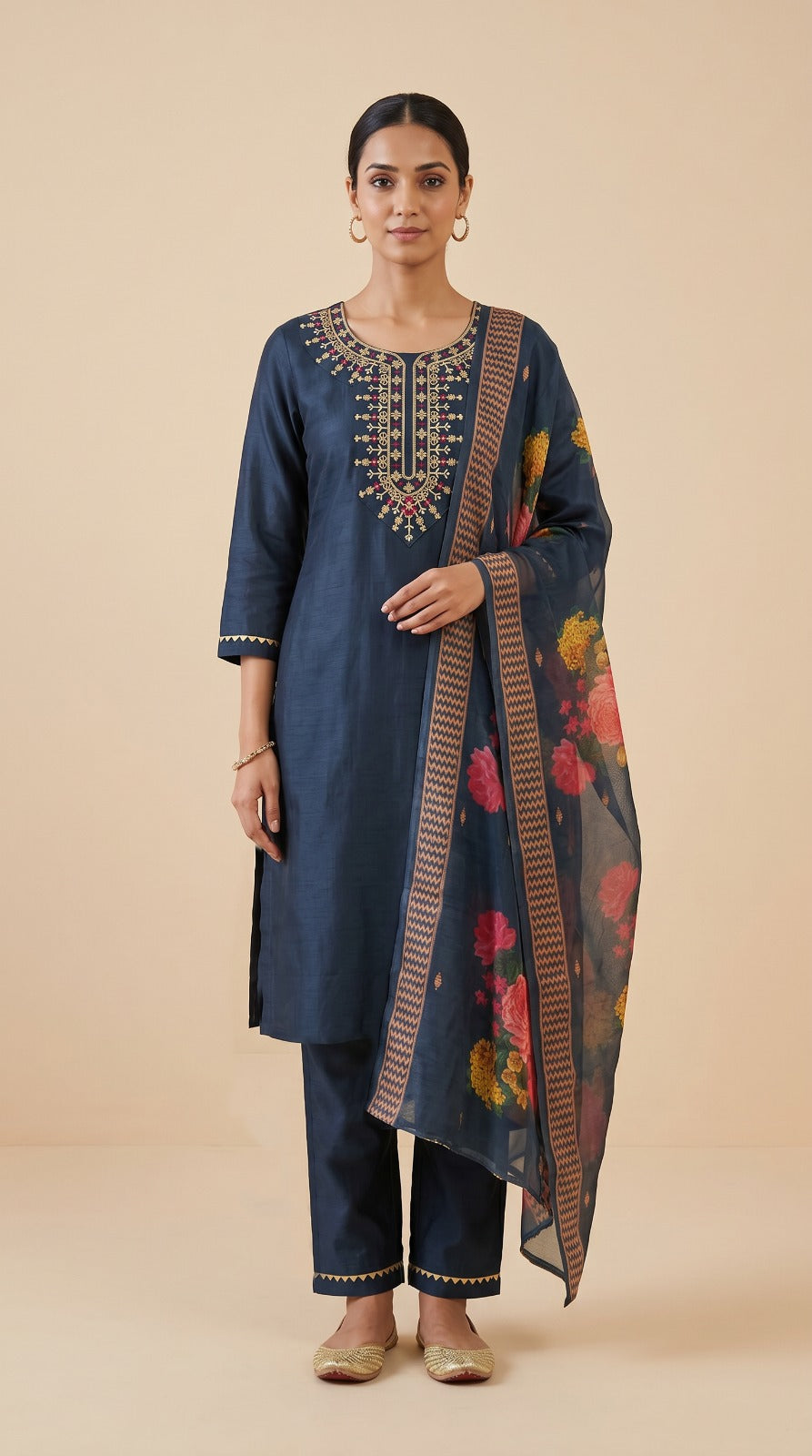 Teal Rayon Embroidered Suit Set