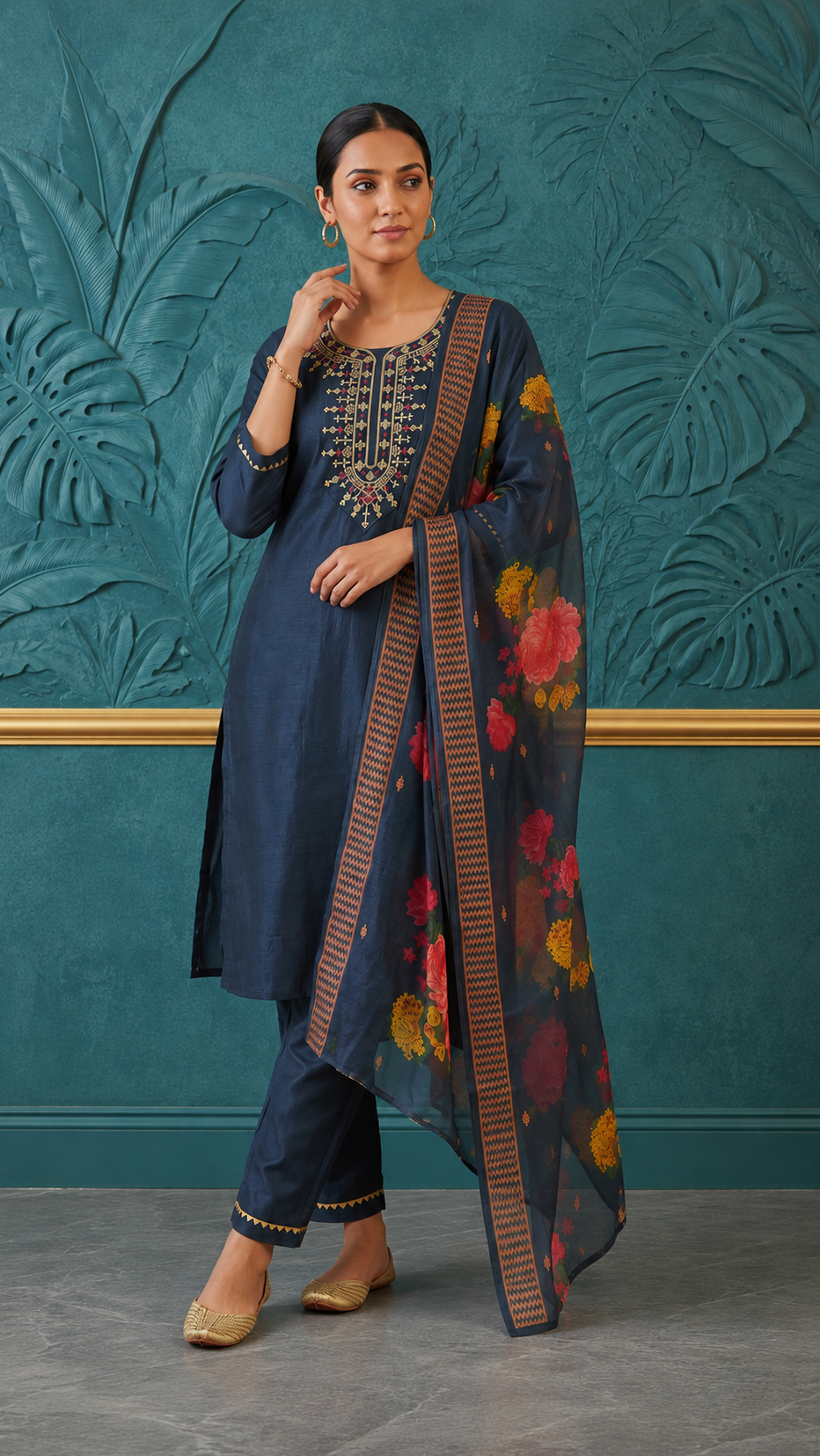Women's navy blue embroidered kurta pant set with floral printed dupatta, ethnic Indian salwar suit, straight-fit kurti, festive wear, traditional embroidered dress for women. diya online