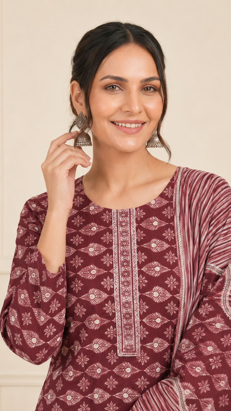 Woman wearing a maroon and dusty pink printed kurta set with striped trousers and matching striped dupatta – Diya Online ethnic wear.