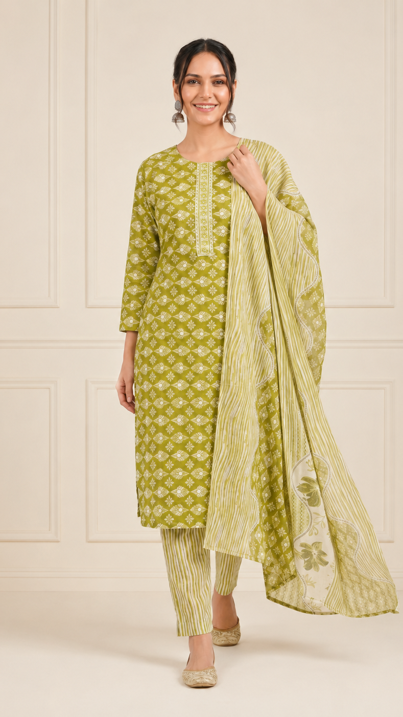 Woman wearing a lime green and white printed kurta set with matching striped trousers and dupatta – Diya Online ethnic wear.