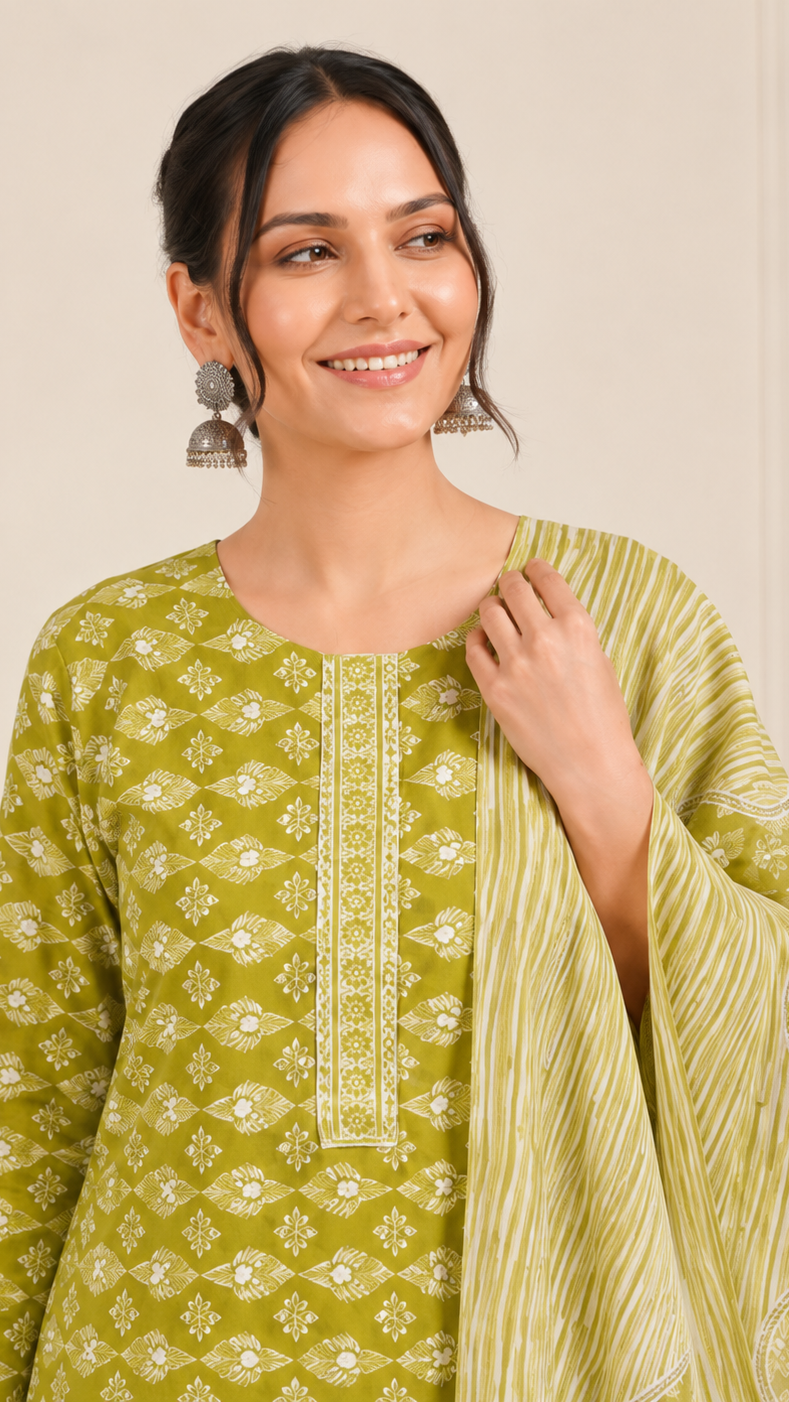 Woman wearing a lime green and white printed kurta set with matching striped trousers and dupatta – Diya Online ethnic wear.