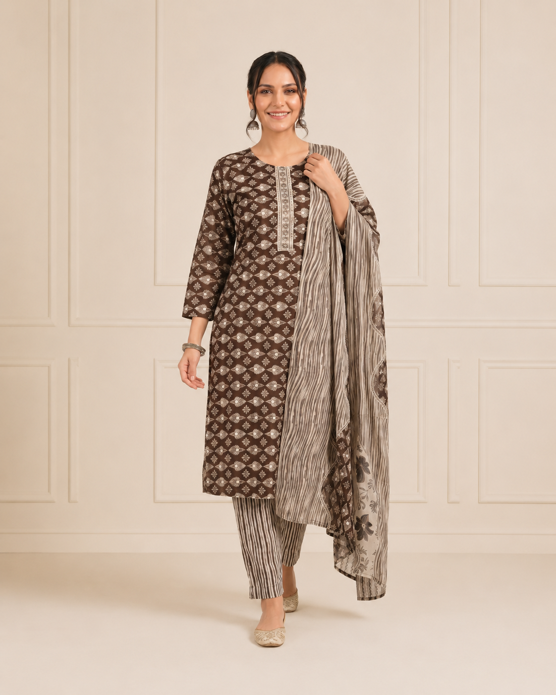 Woman wearing a dark chocolate brown printed kurta set with striped trousers and matching printed dupatta – Diya Online ethnic wear.