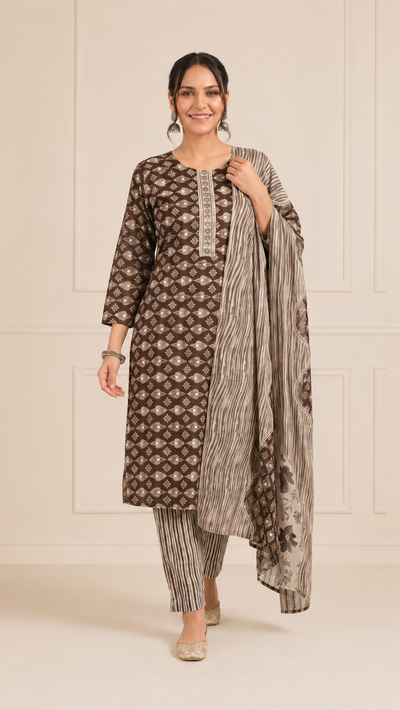Woman wearing a dark chocolate brown printed kurta set with striped trousers and matching printed dupatta – Diya Online ethnic wear.