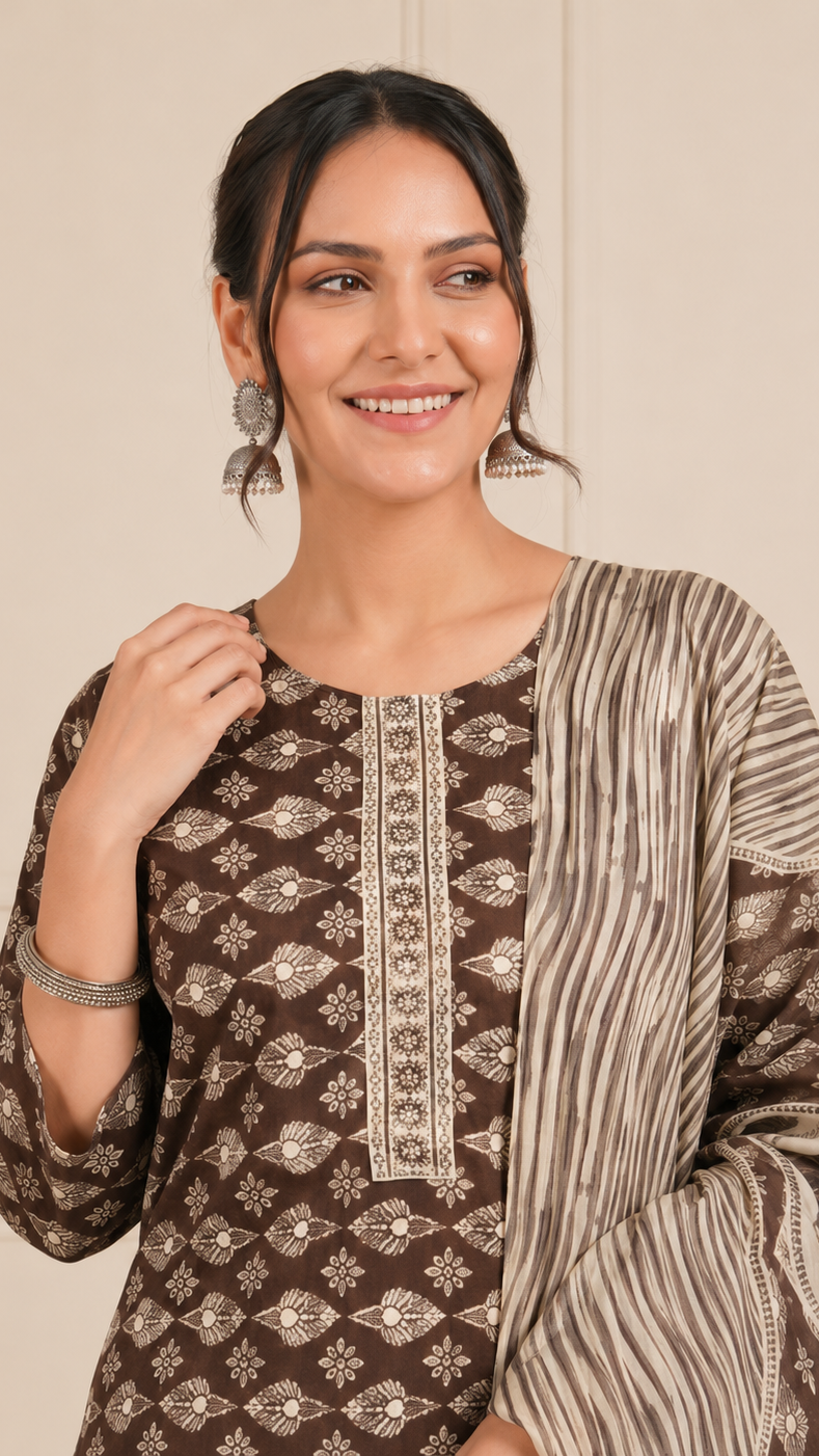 Woman wearing a dark chocolate brown printed kurta set with striped trousers and matching printed dupatta – Diya Online ethnic wear.