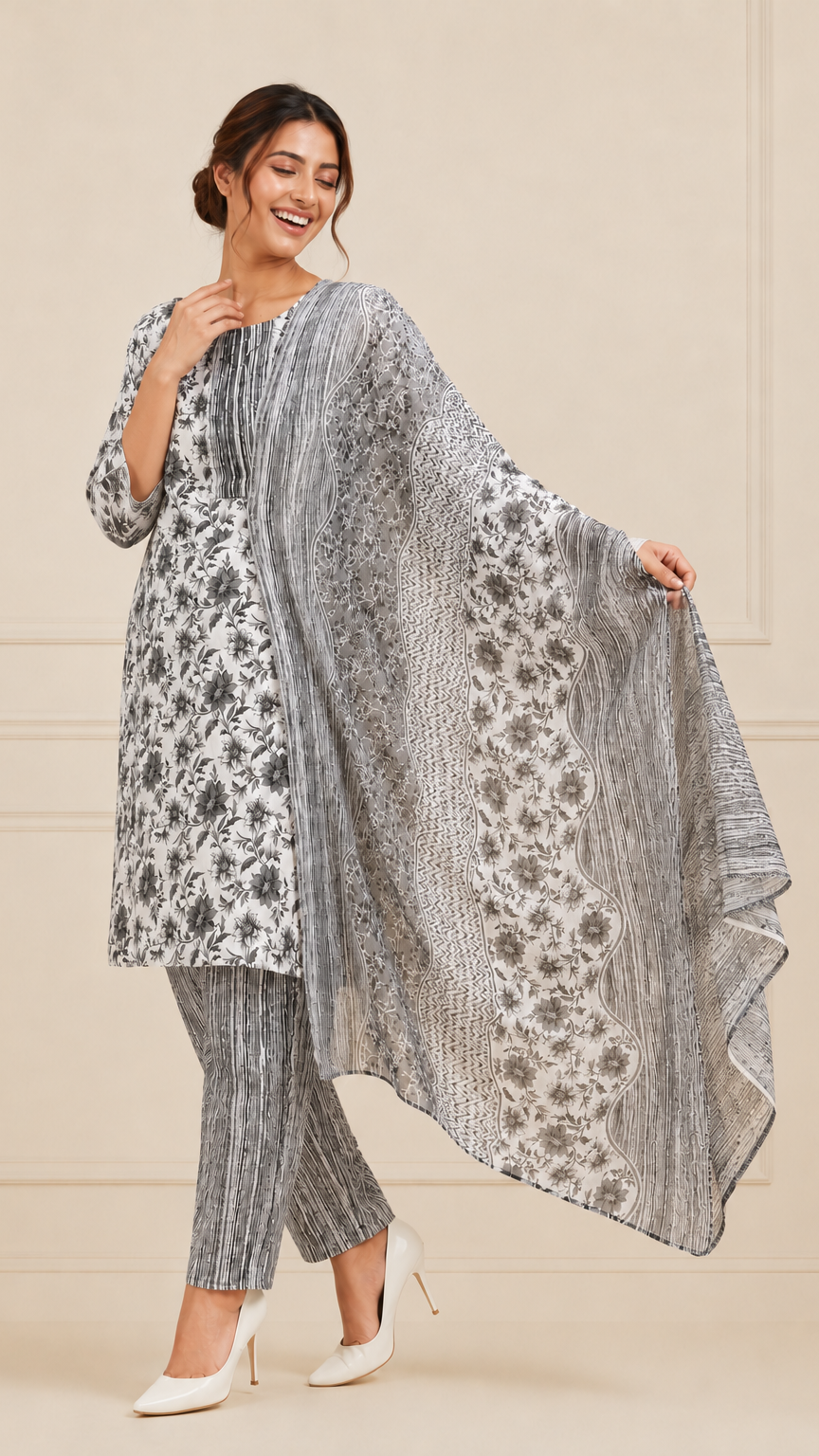Woman wearing a grey and white floral printed kurta set with striped trousers and matching printed dupatta – Diya Online ethnic wear.