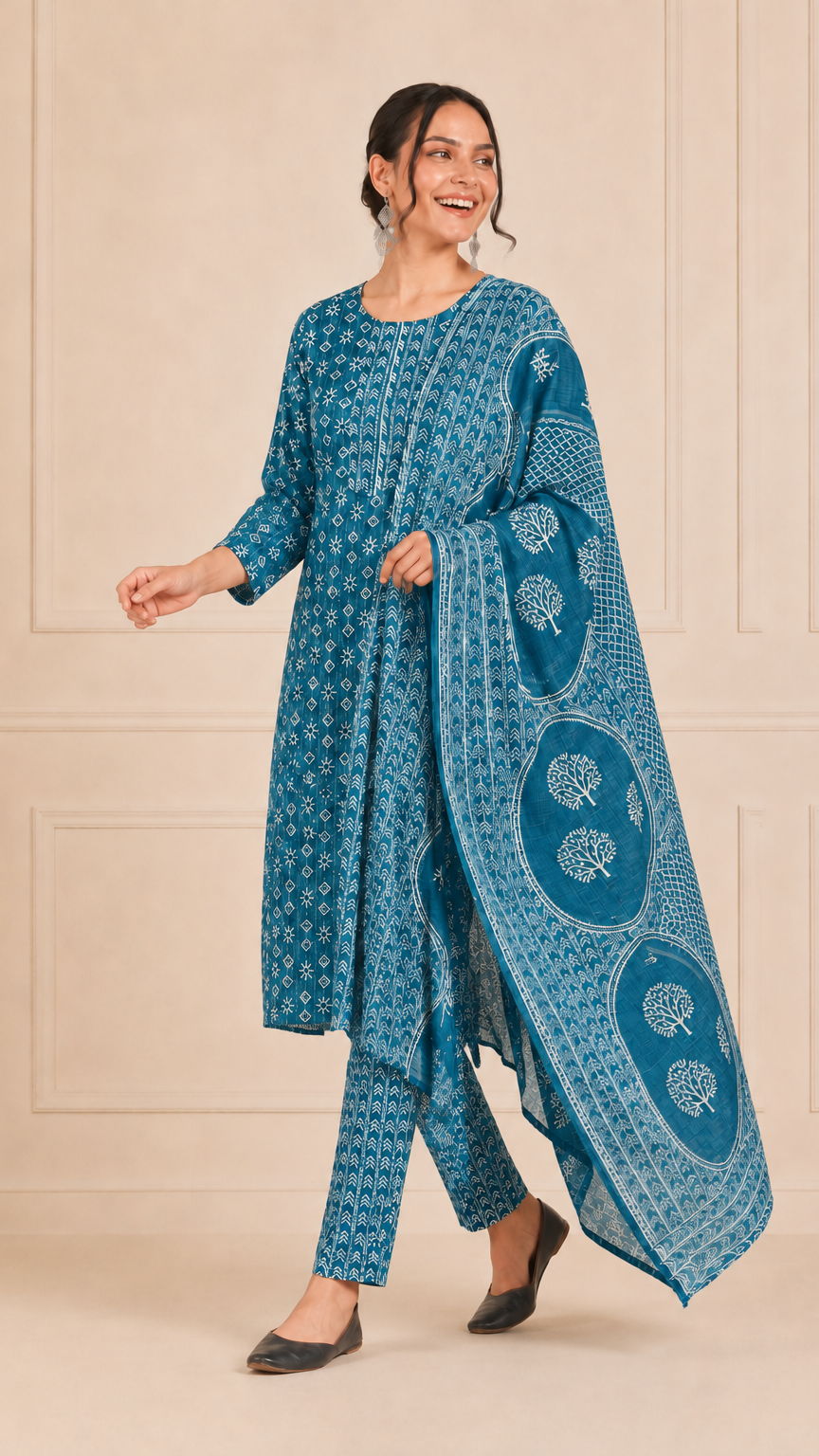 Woman wearing a teal blue and white printed kurta set with matching trousers and printed dupatta – Diya Online ethnic wear.