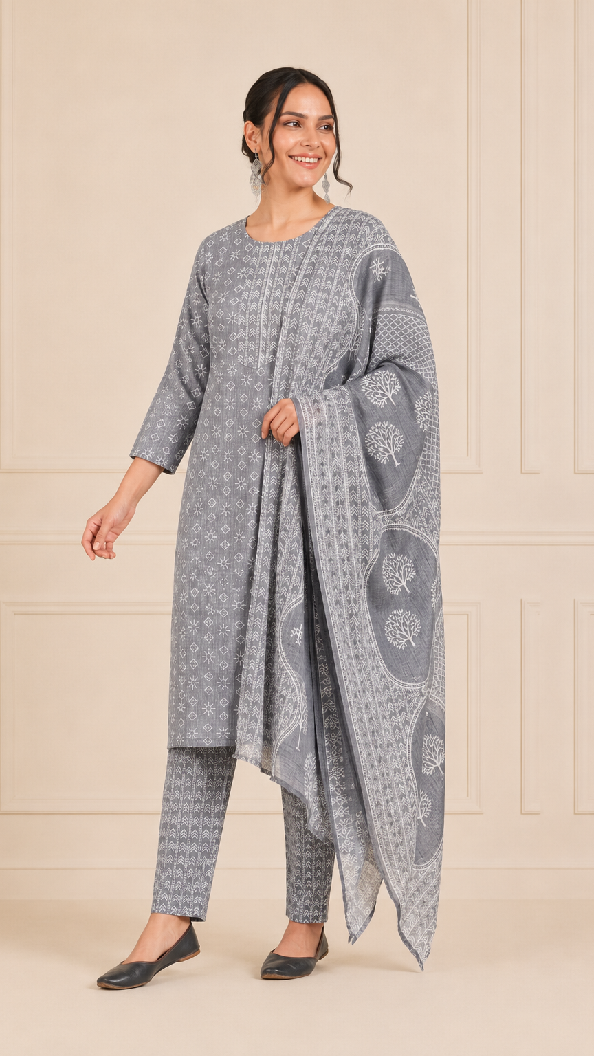 Woman wearing a grey and white printed kurta set with matching trousers and printed dupatta – Diya Online ethnic wear.