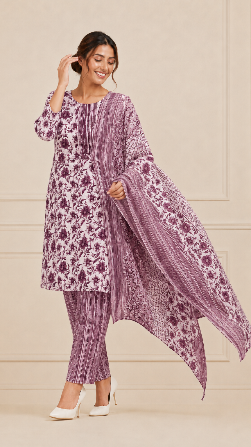 Woman wearing a white and plum purple floral printed kurta set with matching striped trousers and printed dupatta – Diya Online ethnic wear.