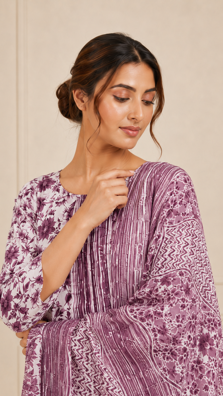 Woman wearing a white and plum purple floral printed kurta set with matching striped trousers and printed dupatta – Diya Online ethnic wear.