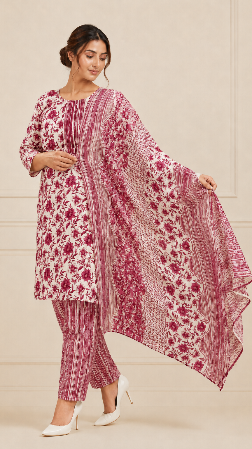Woman wearing a white and magenta pink floral printed kurta set with matching striped trousers and printed dupatta – Diya Online ethnic wear.