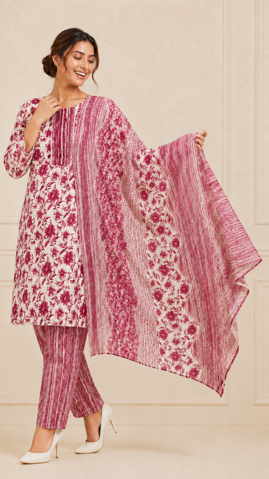 Woman wearing a white and magenta pink floral printed kurta set with matching striped trousers and printed dupatta – Diya Online ethnic wear.