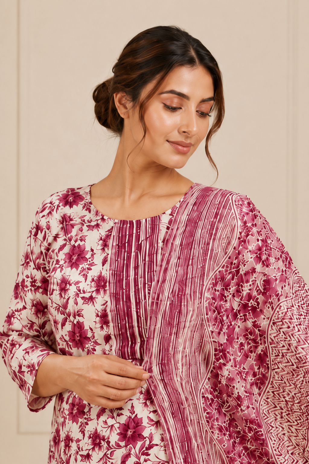 Woman wearing a white and magenta pink floral printed kurta set with matching striped trousers and printed dupatta – Diya Online ethnic wear.