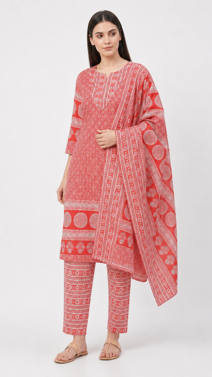 Woman wearing a coral red and white printed kurta set with matching printed trousers and dupatta – Diya Online ethnic wear.