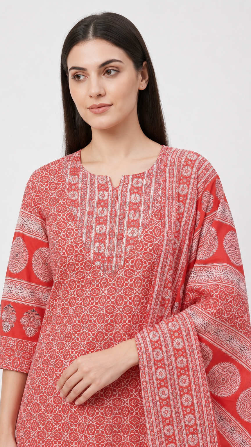 Woman wearing a coral red and white printed kurta set with matching printed trousers and dupatta – Diya Online ethnic wear.
