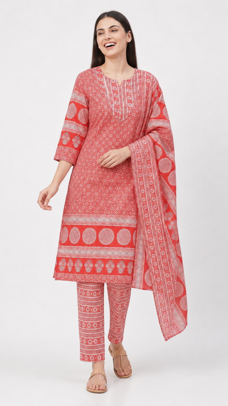 Woman wearing a coral red and white printed kurta set with matching printed trousers and dupatta – Diya Online ethnic wear.