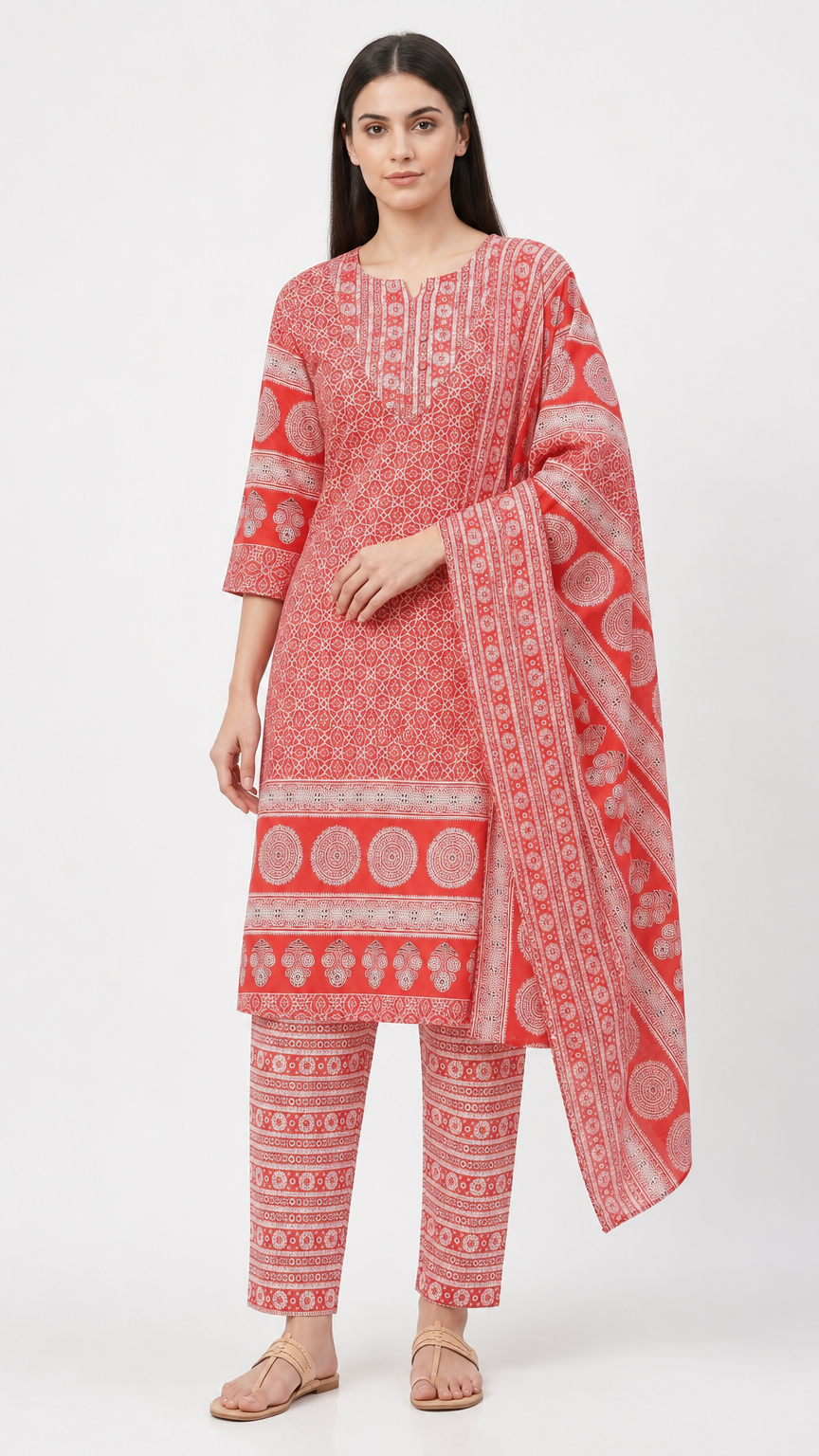 Woman wearing a coral red and white printed kurta set with matching printed trousers and dupatta – Diya Online ethnic wear.