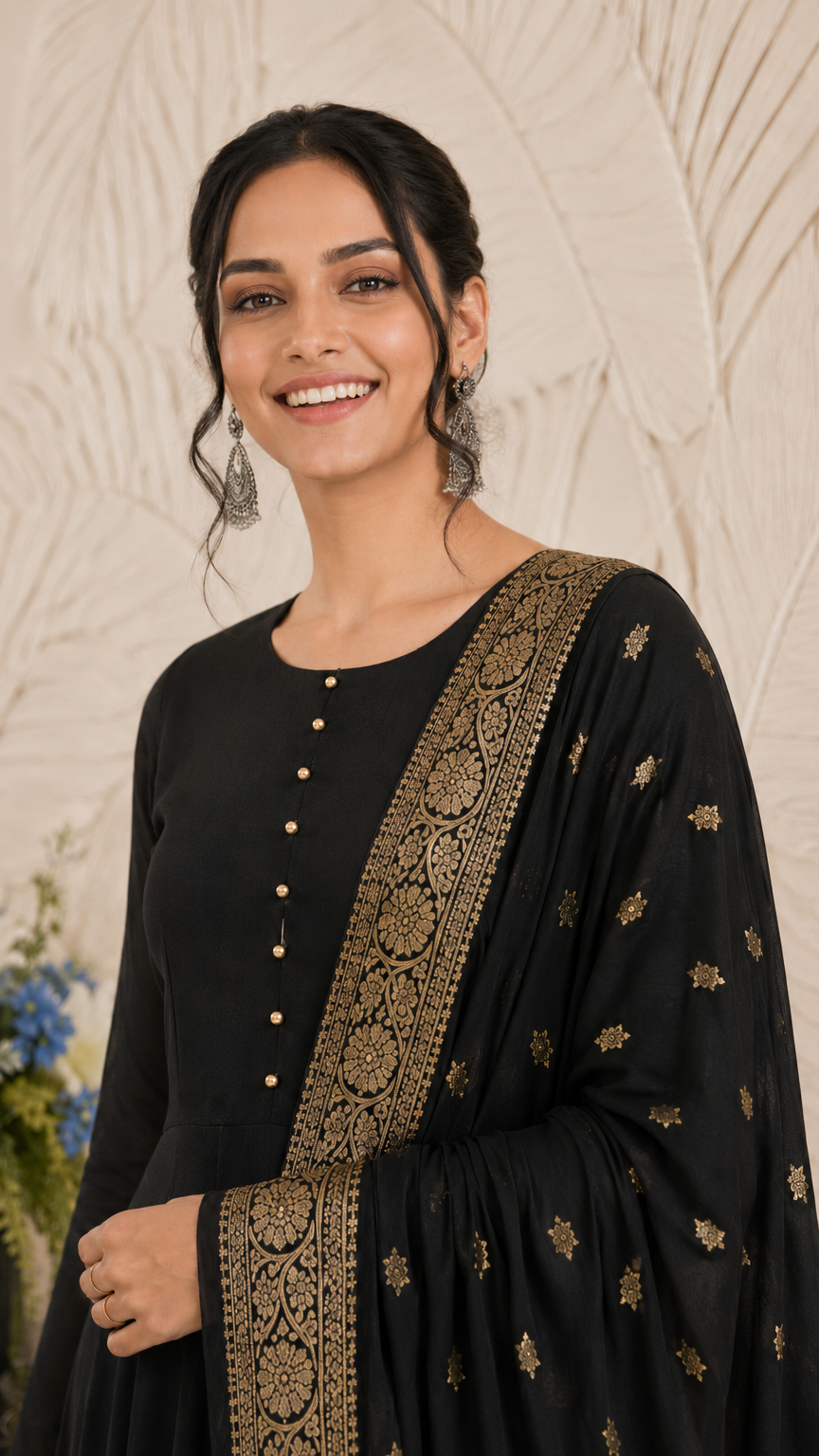 Woman wearing a black Anarkali suit with gold embroidered dupatta and trousers – Diya Online ethnic wear.