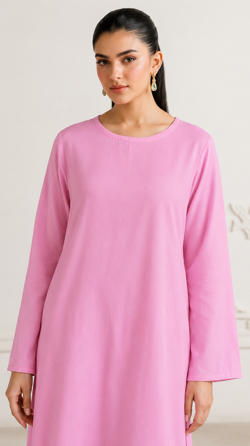 Buy bright pink plain Pakistani salwar kameez with long kurta, gathered trousers and matching sheer dupatta for women online at Diya Online