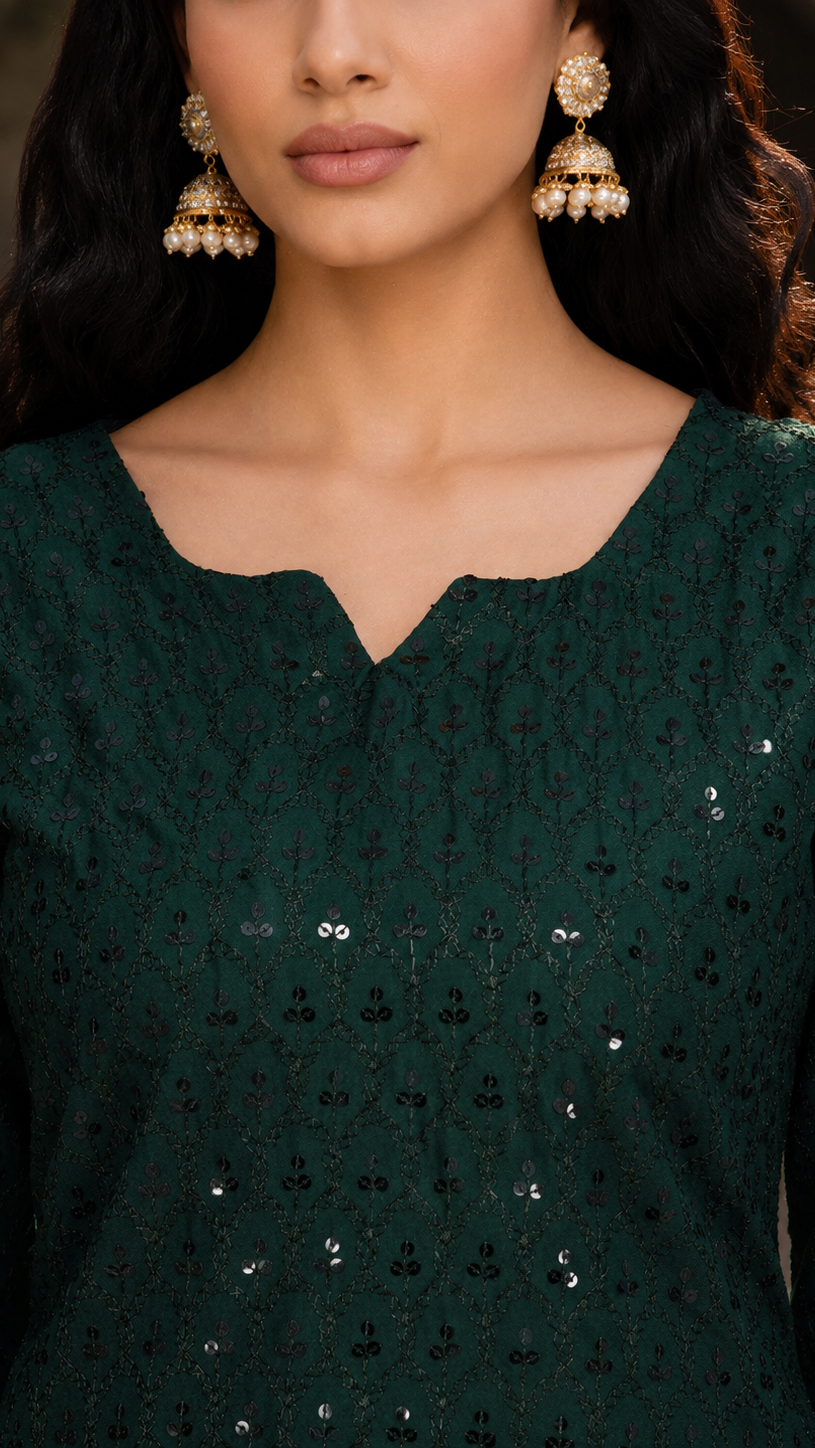 Buy dark emerald green sequin embroidered Pakistani salwar kameez with matching trousers and sheer dupatta for women online at Diya Online