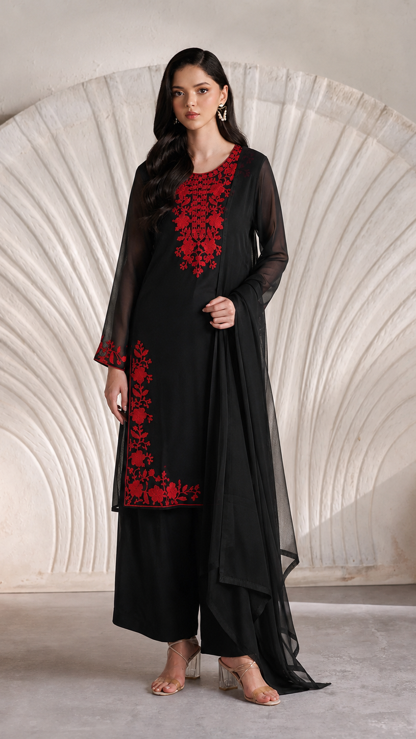 Buy black Pakistani embroidered salwar kameez with red floral threadwork and matching sheer dupatta for women online at Diya Online