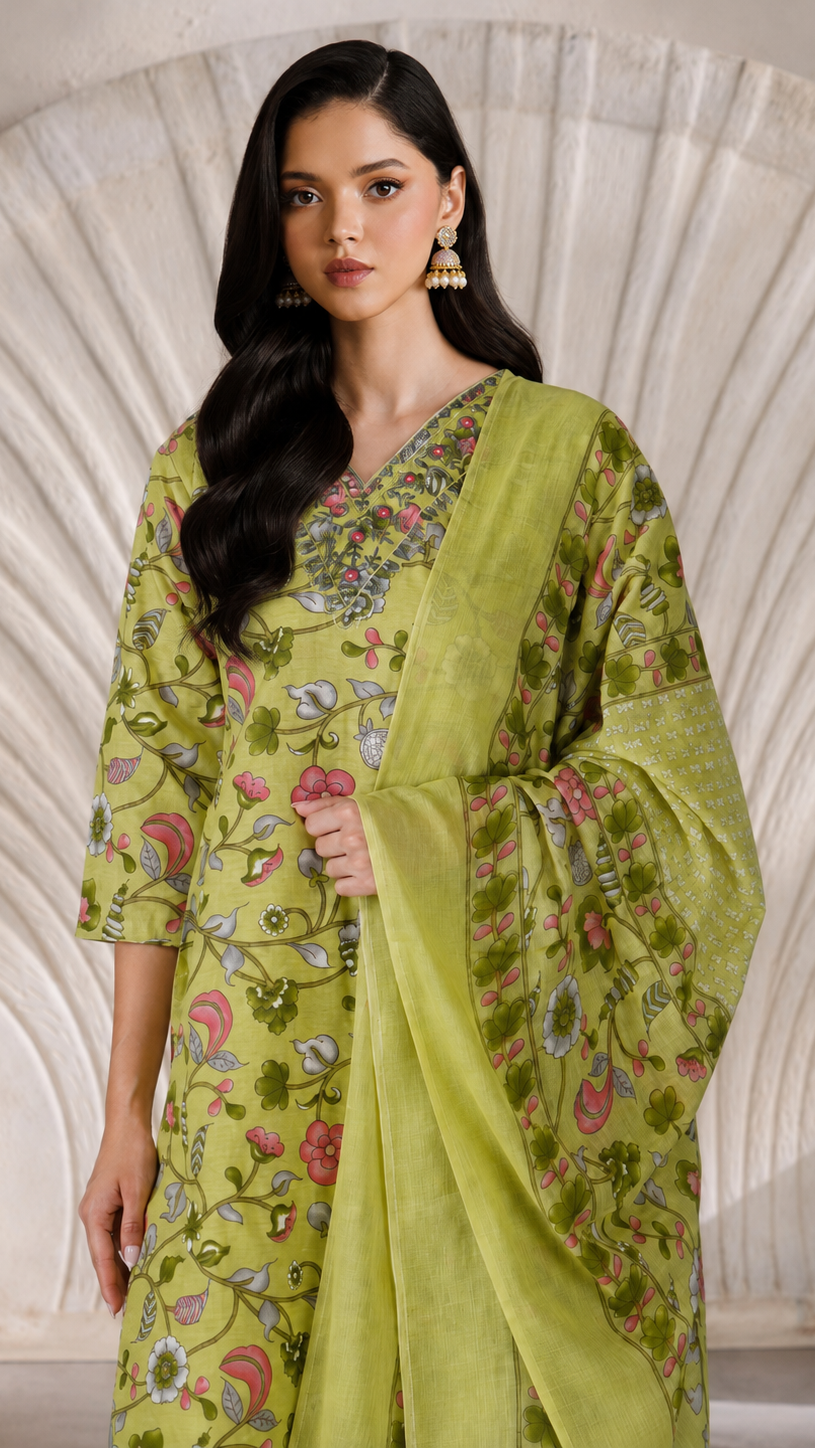 Buy lime green floral print Pakistani salwar kameez suit with straight trousers and matching dupatta for women online at Diya Online.