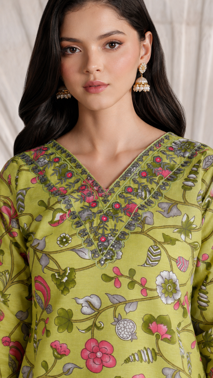 Buy lime green floral print Pakistani salwar kameez suit with straight trousers and matching dupatta for women online at Diya Online.