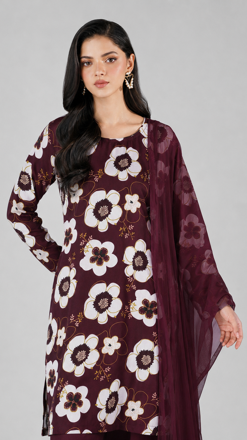 Buy maroon floral print Pakistani salwar kameez with wide-leg trousers and matching sheer dupatta for women online at Diya Online