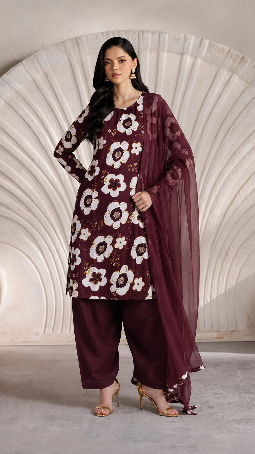 Buy maroon floral print Pakistani salwar kameez with wide-leg trousers and matching sheer dupatta for women online at Diya Online