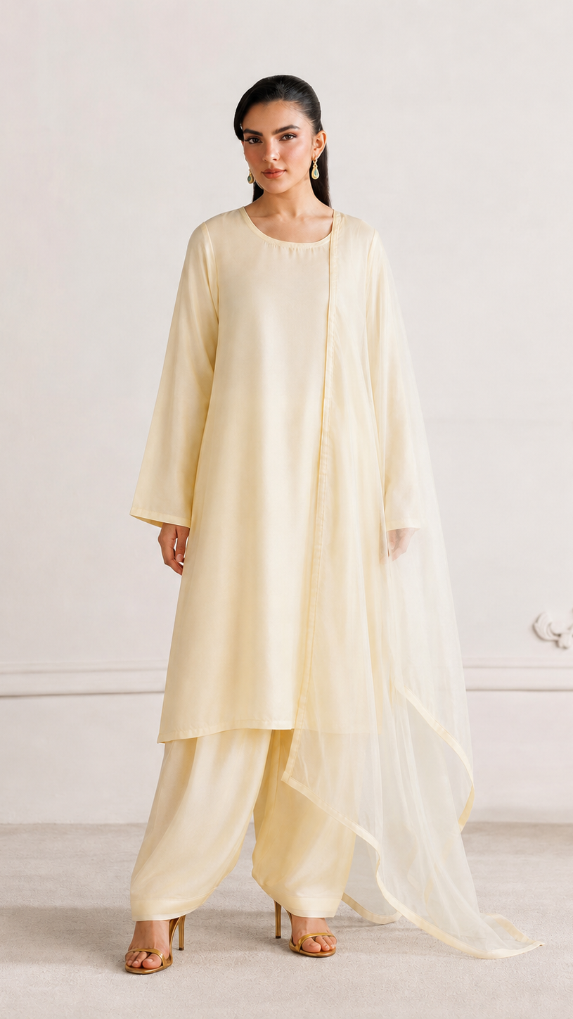 Buy cream plain Pakistani shalwar kameez suit with long kurta, gathered salwar trousers and matching sheer dupatta for women online at Diya Online