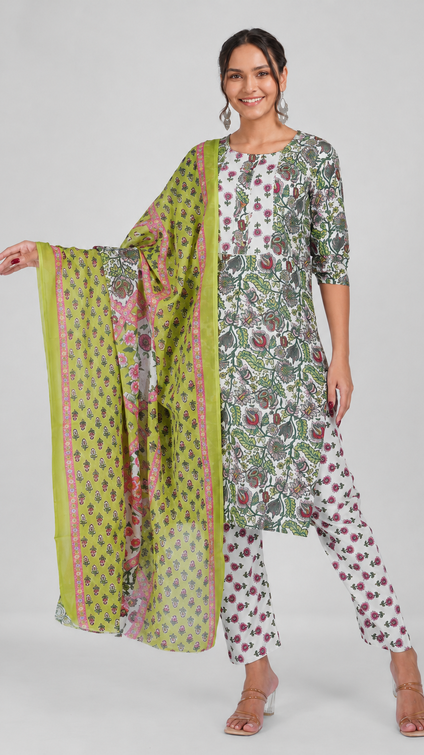 Ivory multicolour floral printed salwar kameez suit with matching trousers and lime green printed dupatta