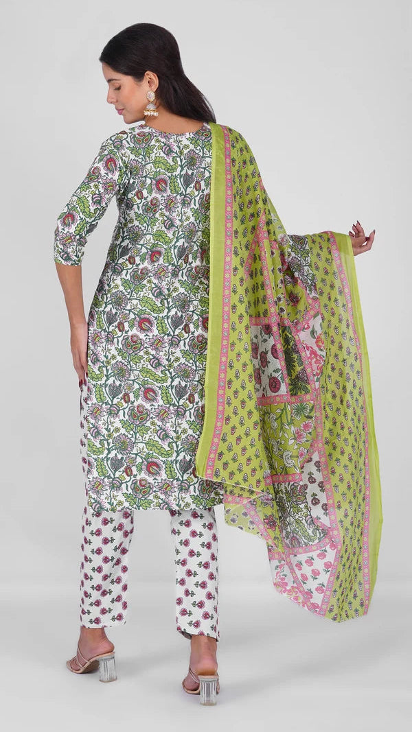 Ivory multicolour floral printed salwar kameez suit with matching trousers and lime green printed dupatta