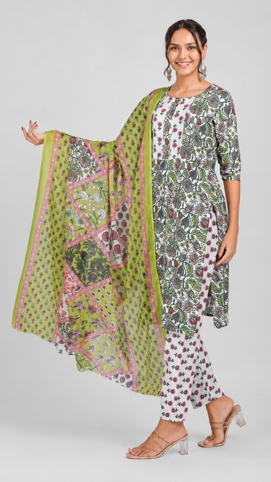 Ivory multicolour floral printed salwar kameez suit with matching trousers and lime green printed dupatta