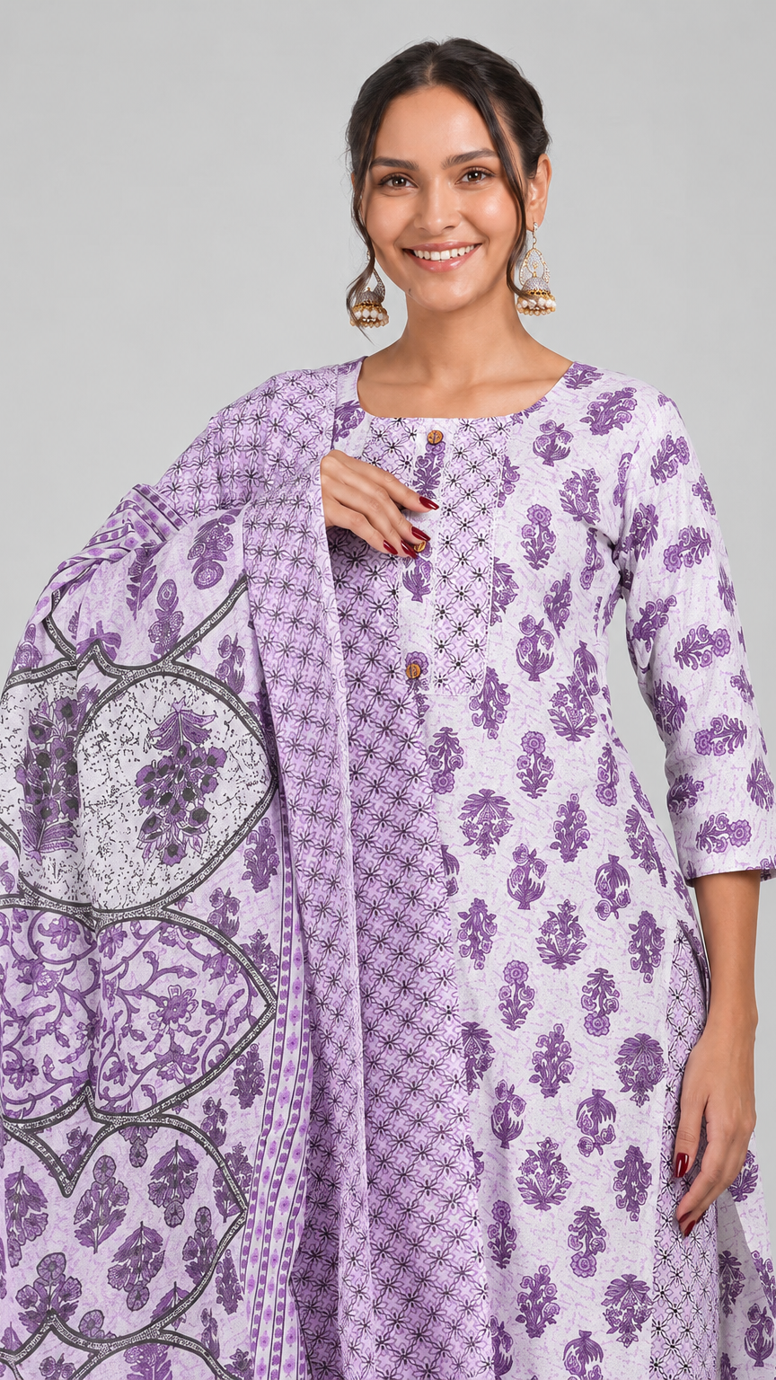 Lilac purple printed salwar kameez suit with straight trousers and matching patterned dupatta