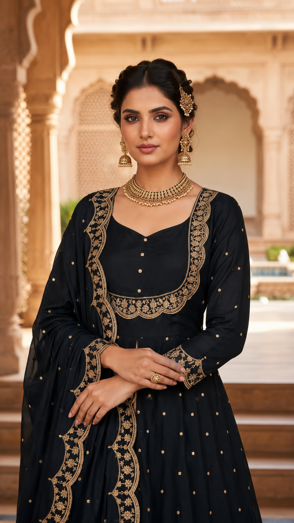 Black Vichitra Silk Bias Cut Skirt Set with Scalloped Dupatta
