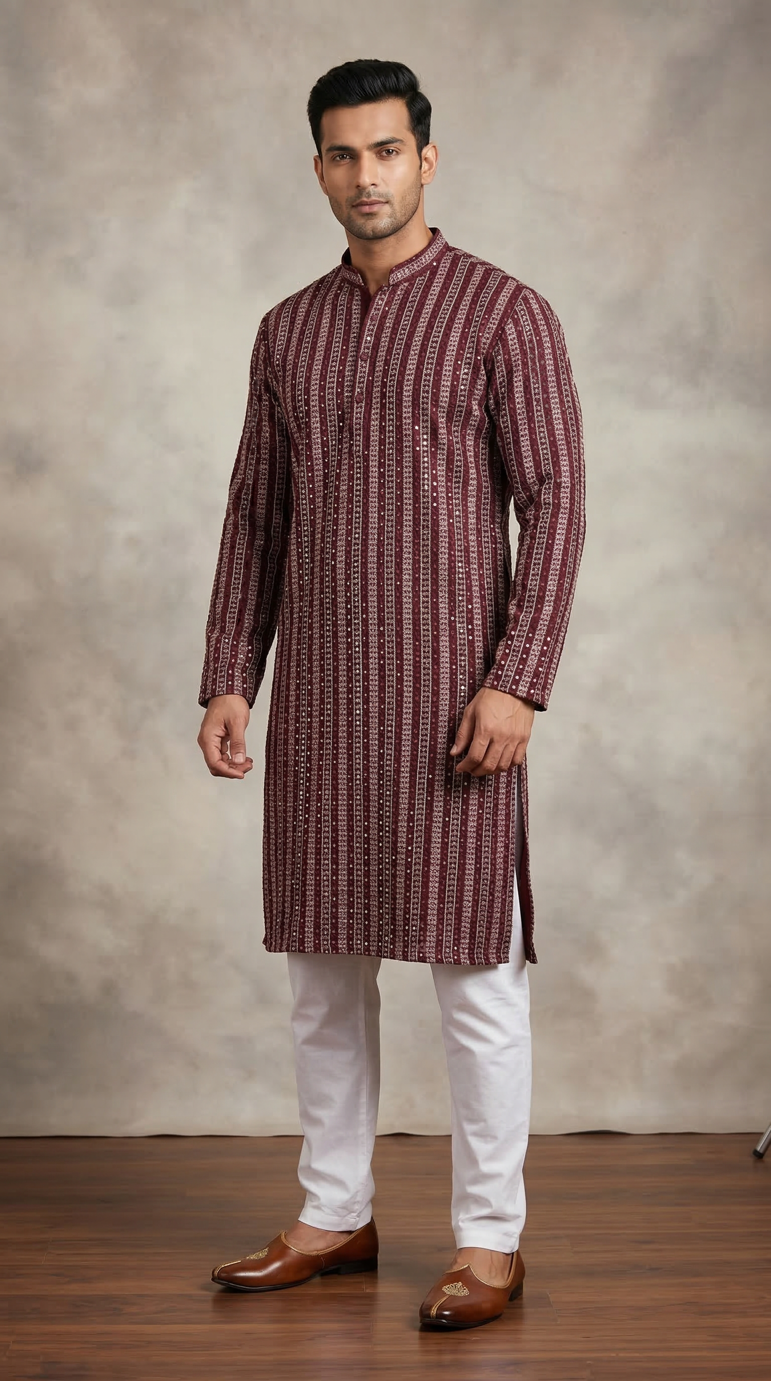 Men’s Maroon Woven Stripe Kurta with Hand Embroidery