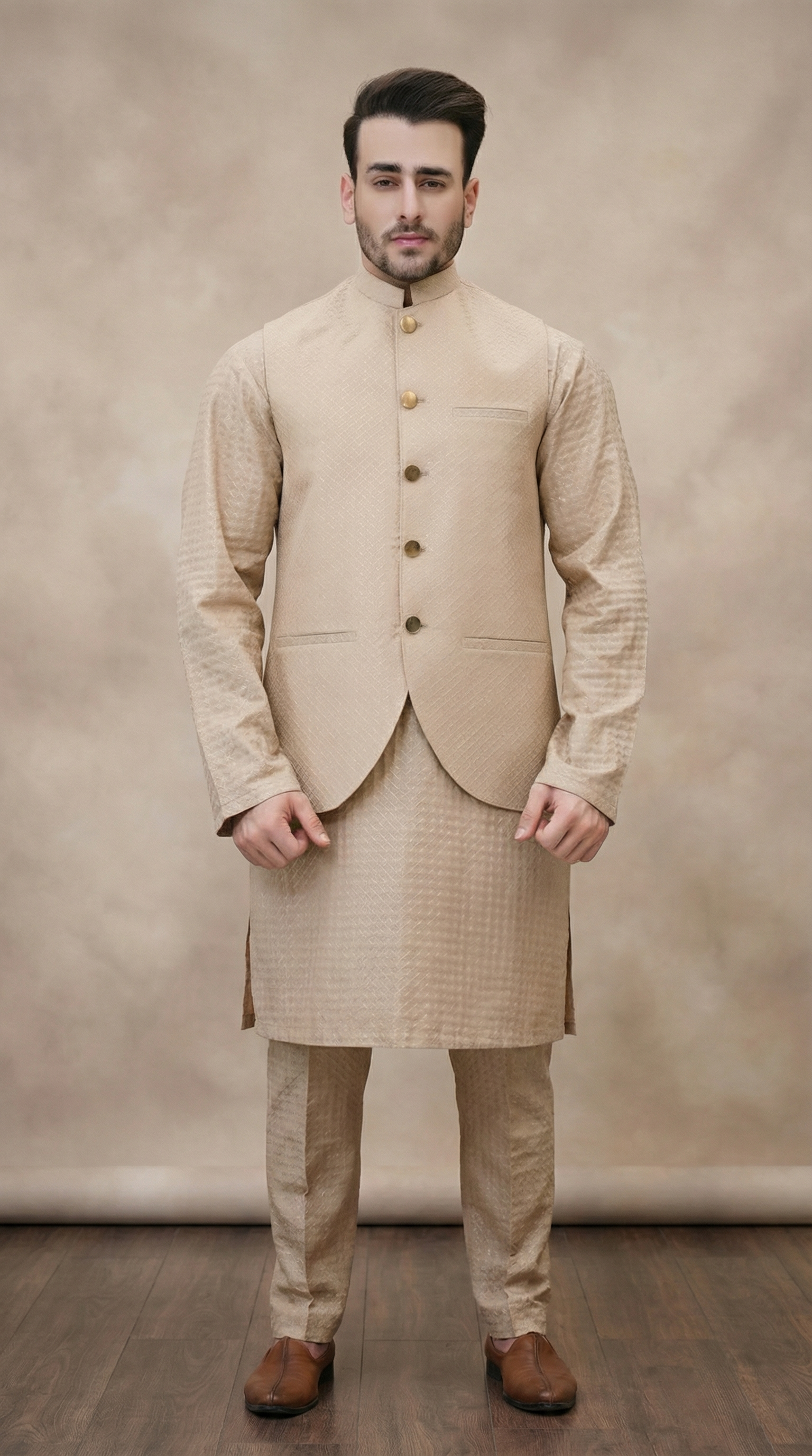 Beige Men's Embroidered Waistcoat