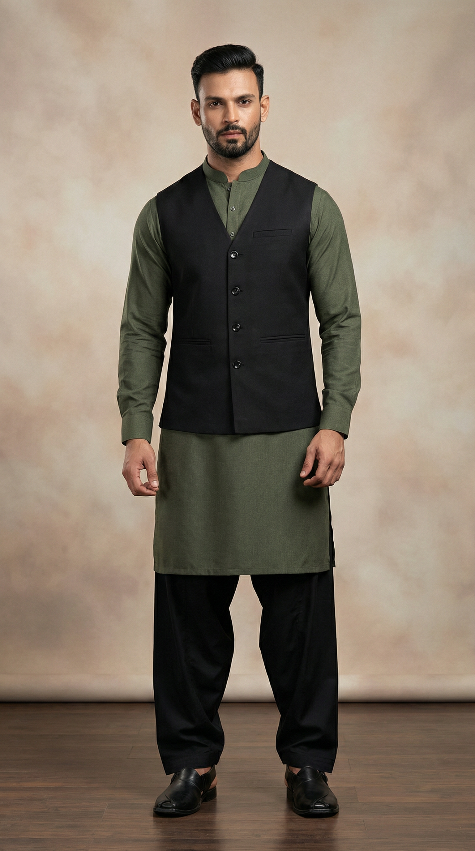 Men's Black Linen V -Neckline Jacket