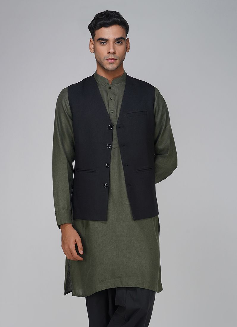 Buy Men's Black Linen V -Neckline Jacket