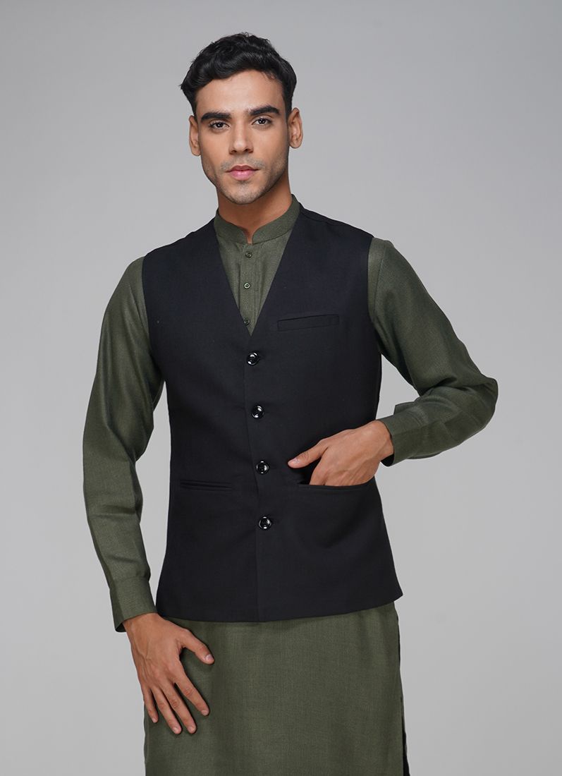 Buy Men's Black Linen V -Neckline Jacket