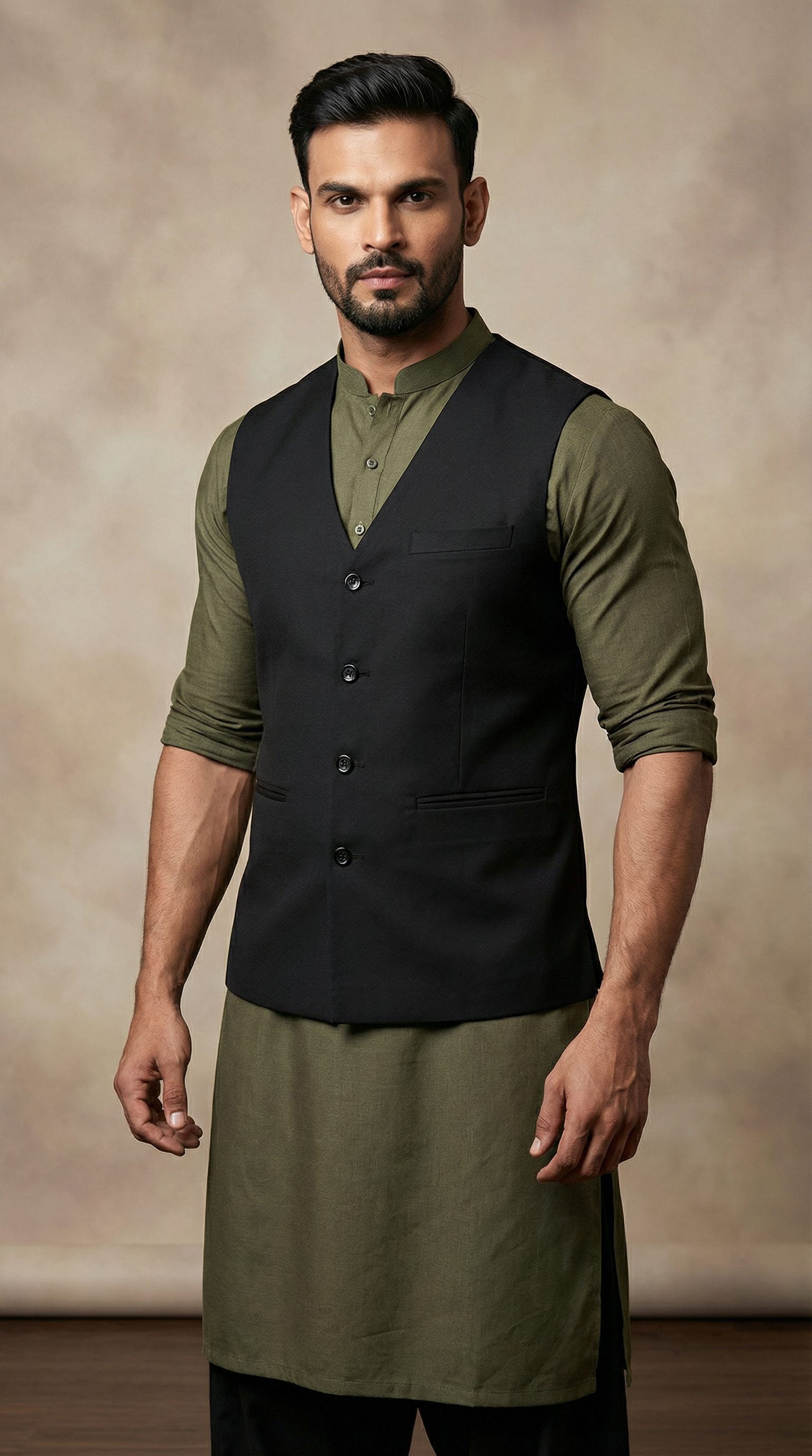 Men's Black Linen V -Neckline Jacket