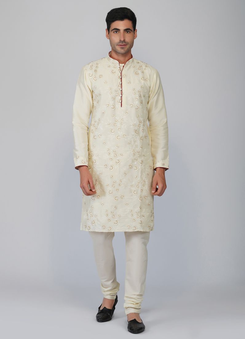 Buy Cream Embroidered Kurta Churidaar Set