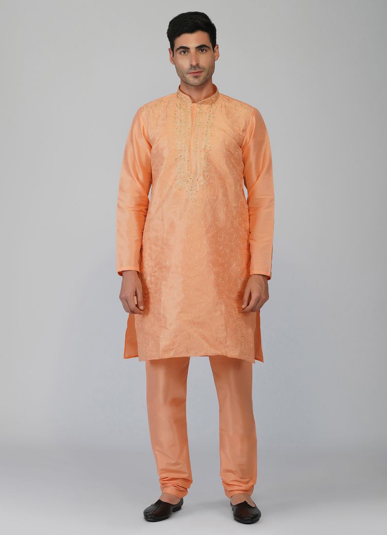 Buy Peach Jaal Embroidered Kurta Churidaar Set
